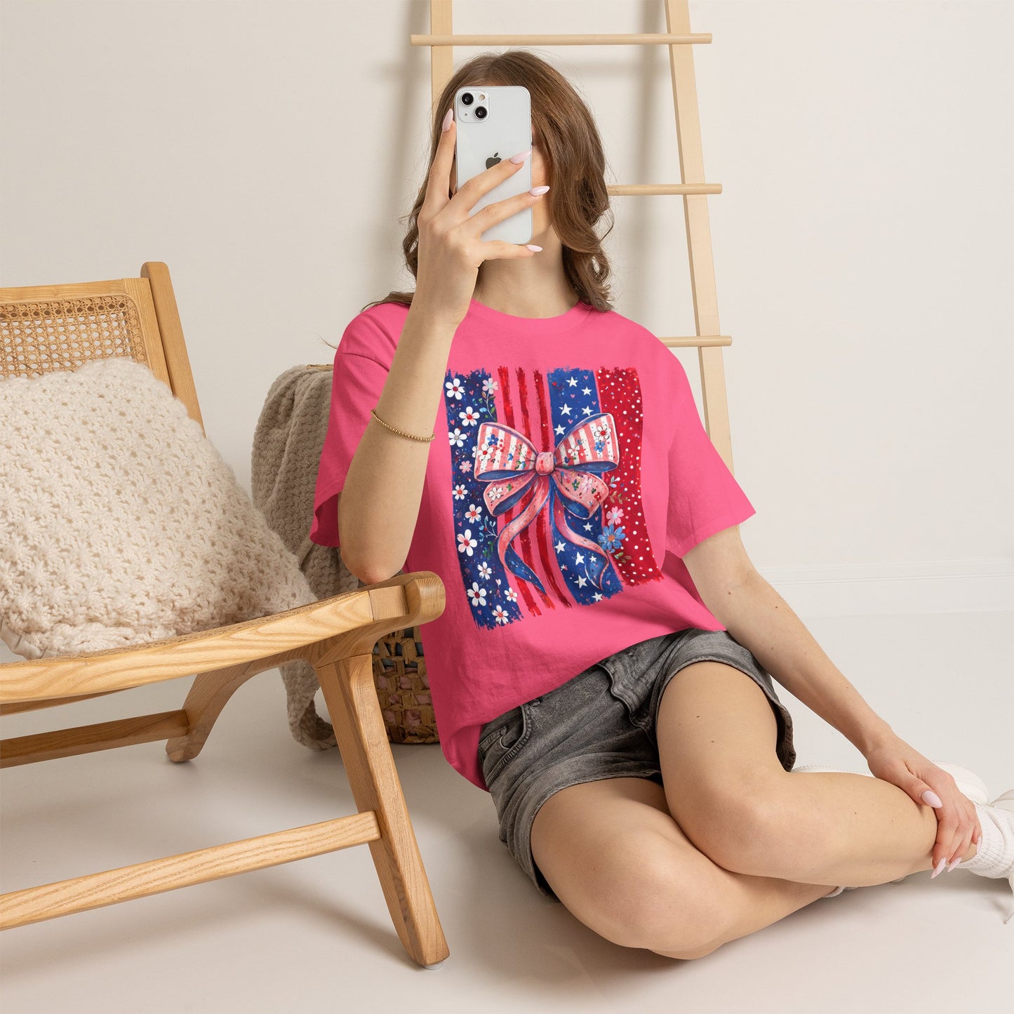 Patriotic Bow T-Shirt — American Flag Ribbon Floral Fourth of July Tee