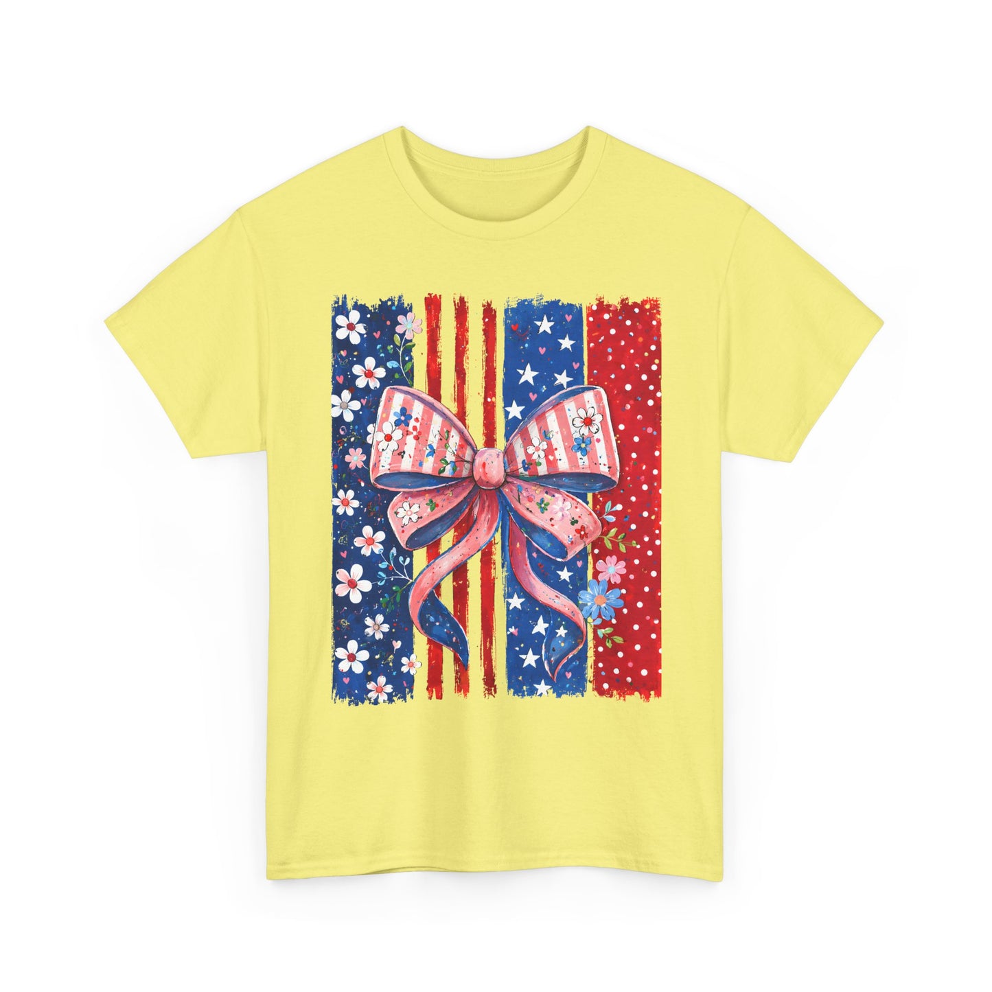Patriotic Bow T-Shirt — American Flag Ribbon Floral Fourth of July Tee