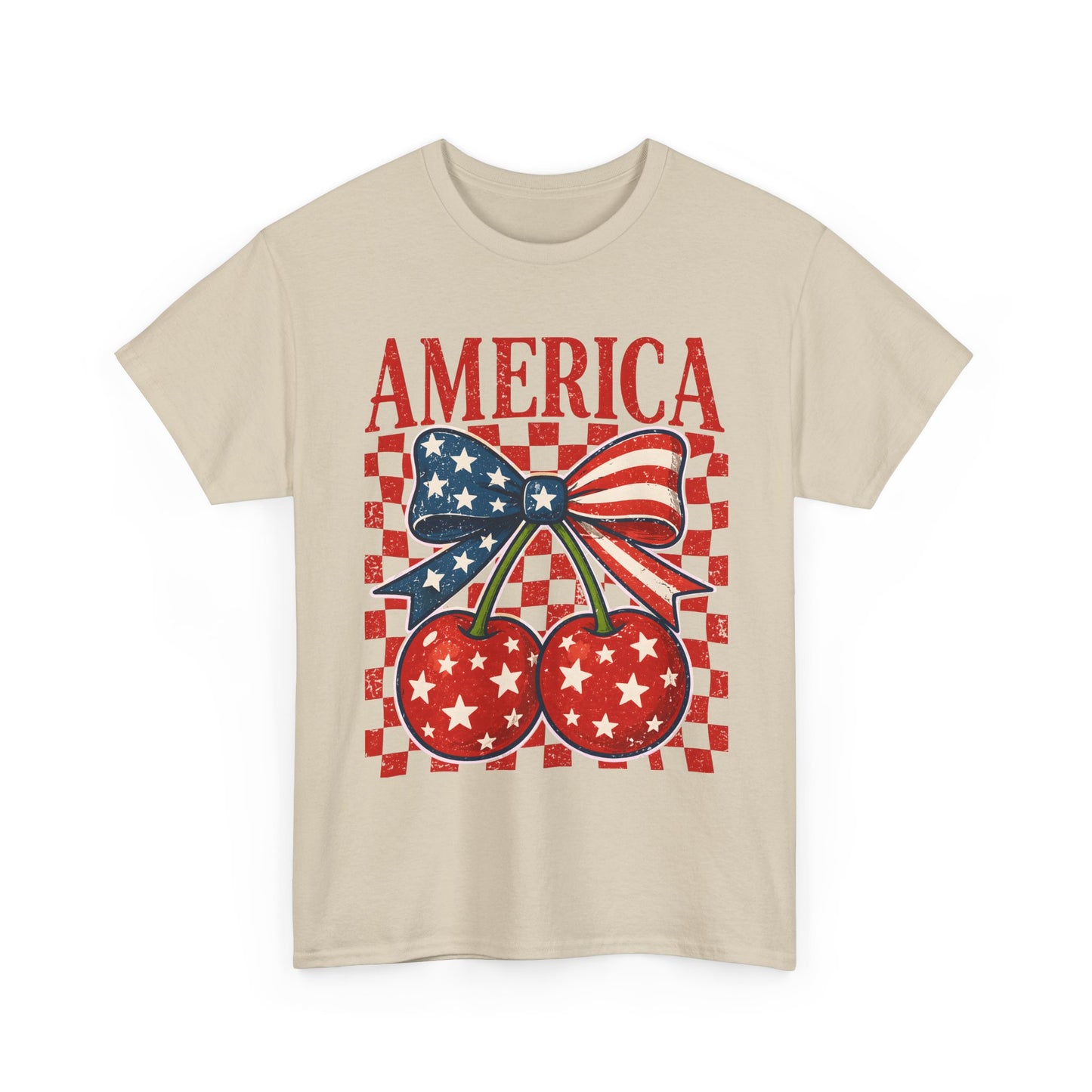 America Cherry T-Shirt — Patriotic USA Flag Bow Graphic Tee for 4th of July