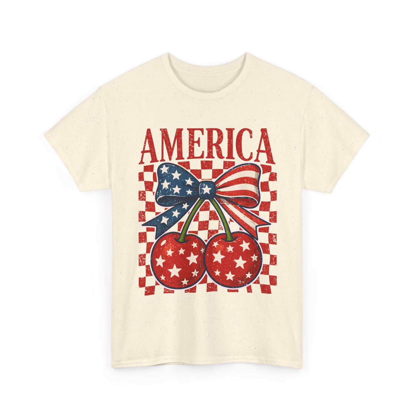 America Cherry T-Shirt — Patriotic USA Flag Bow Graphic Tee for 4th of July