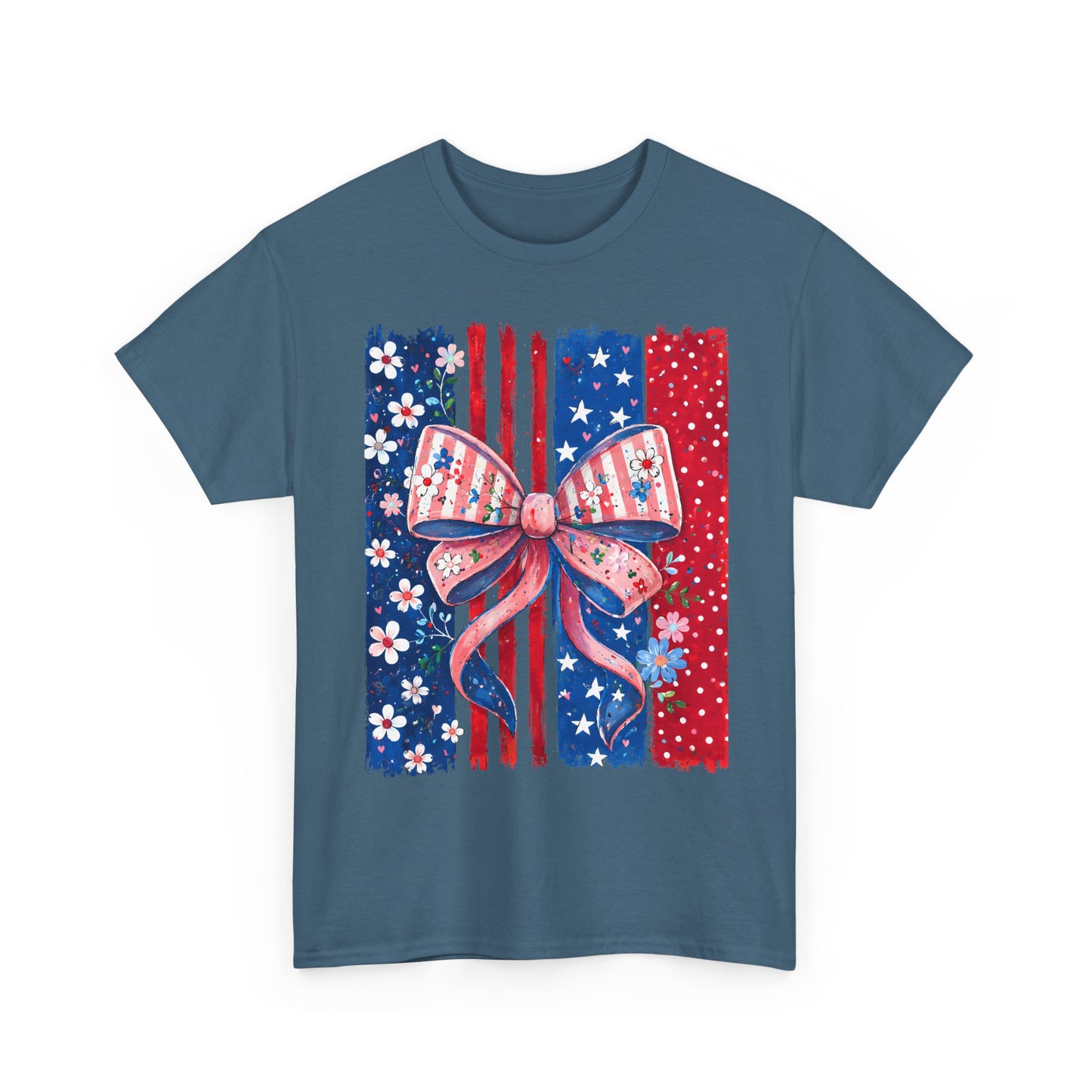 Patriotic Bow T-Shirt — American Flag Ribbon Floral Fourth of July Tee