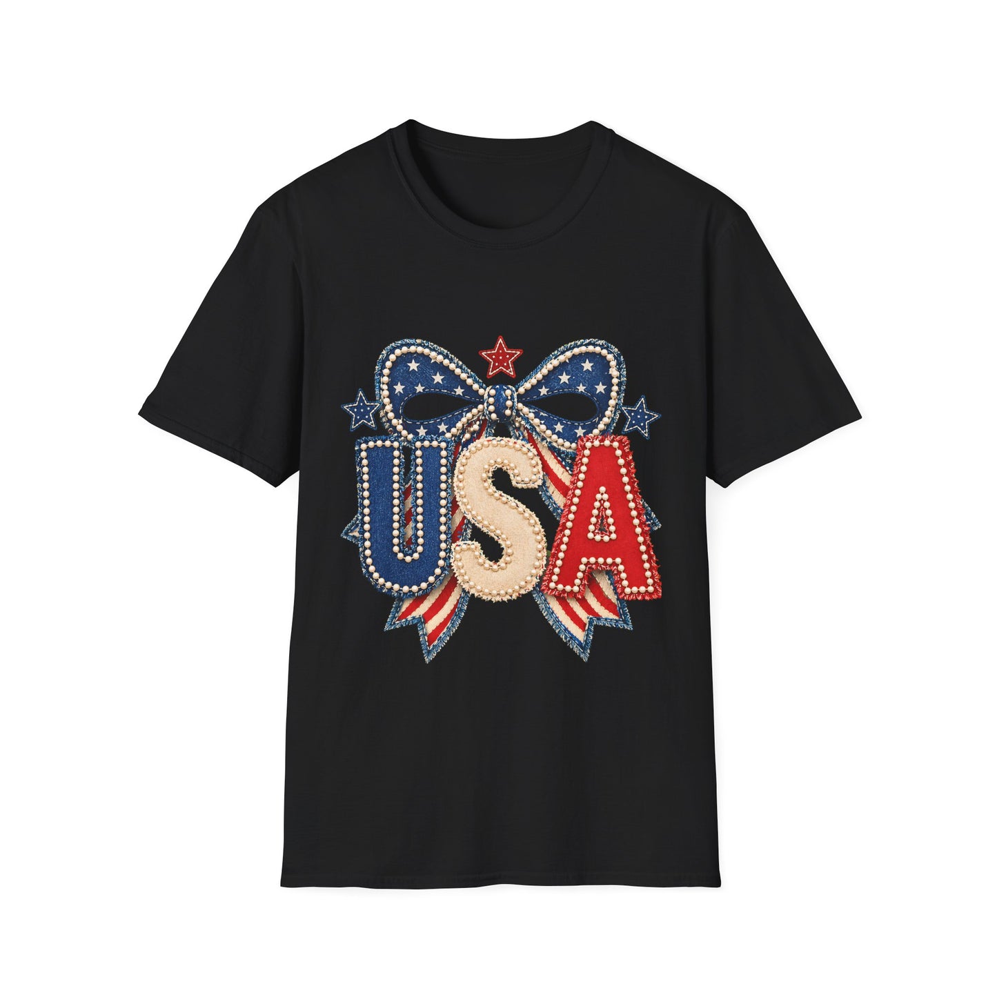 USA Patriotic T-Shirt — Sparkling Stars & Bow Fourth of July Tee