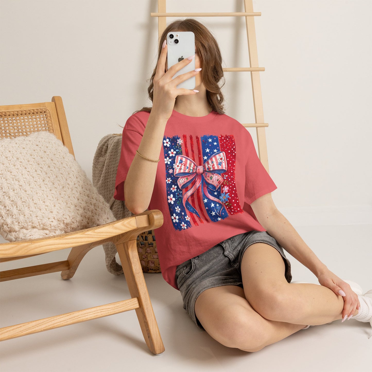 Patriotic Bow T-Shirt — American Flag Ribbon Floral Fourth of July Tee