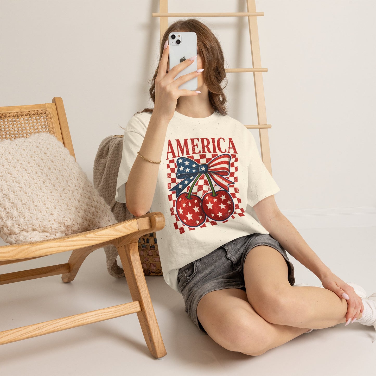 America Cherry T-Shirt — Patriotic USA Flag Bow Graphic Tee for 4th of July