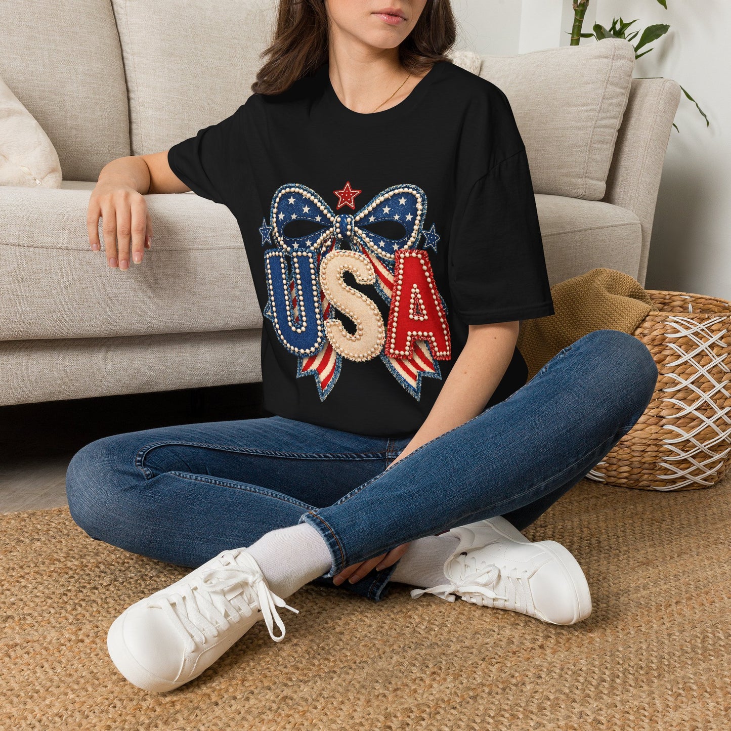 USA Patriotic T-Shirt — Sparkling Stars & Bow Fourth of July Tee
