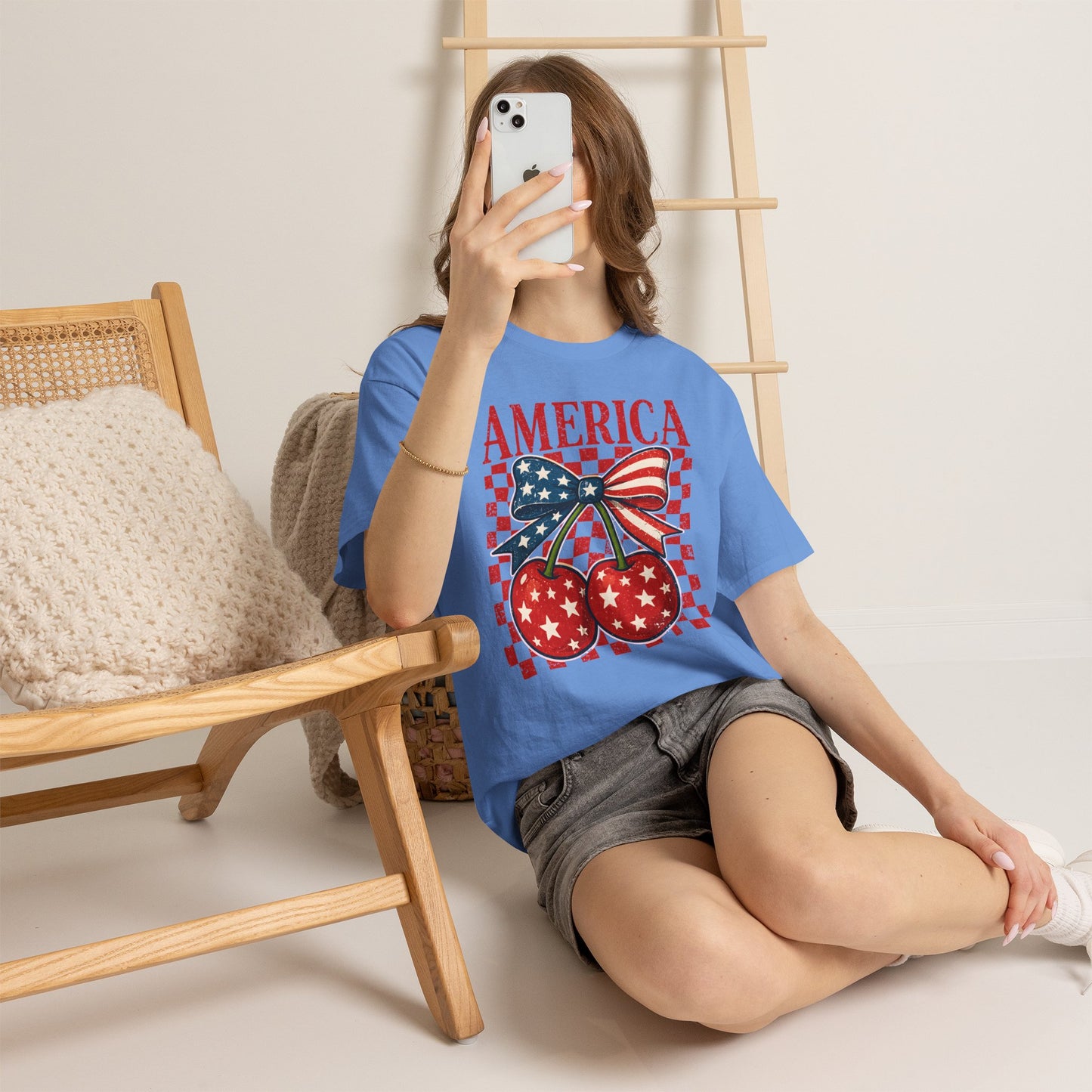 America Cherry T-Shirt — Patriotic USA Flag Bow Graphic Tee for 4th of July