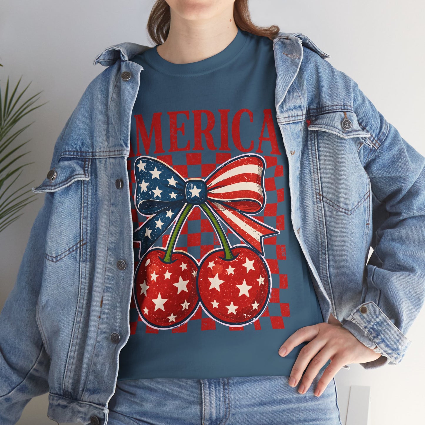 America Cherry T-Shirt — Patriotic USA Flag Bow Graphic Tee for 4th of July