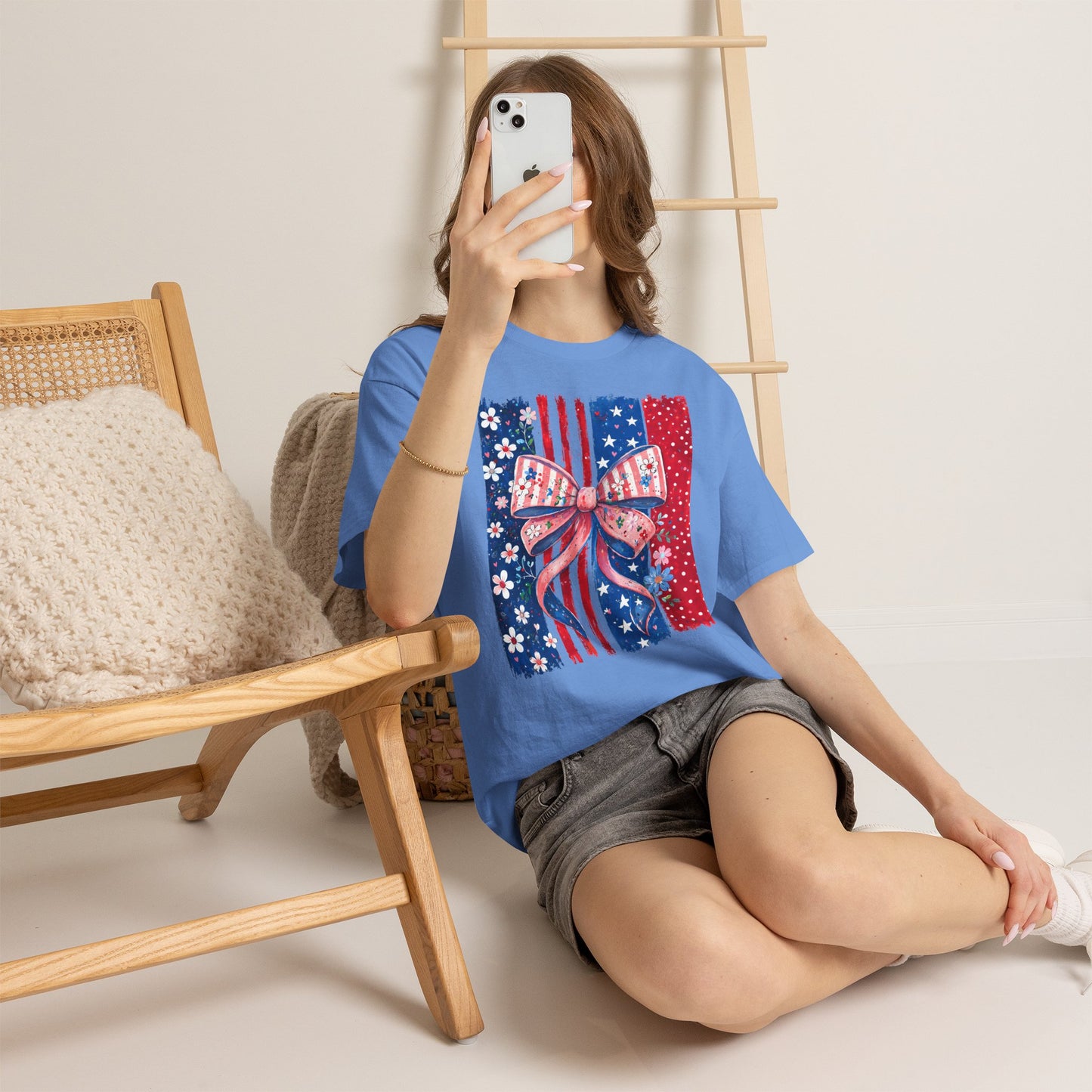 Patriotic Bow T-Shirt — American Flag Ribbon Floral Fourth of July Tee