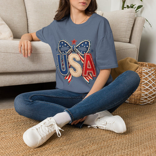 USA Patriotic T-Shirt — Sparkling Stars & Bow Fourth of July Tee