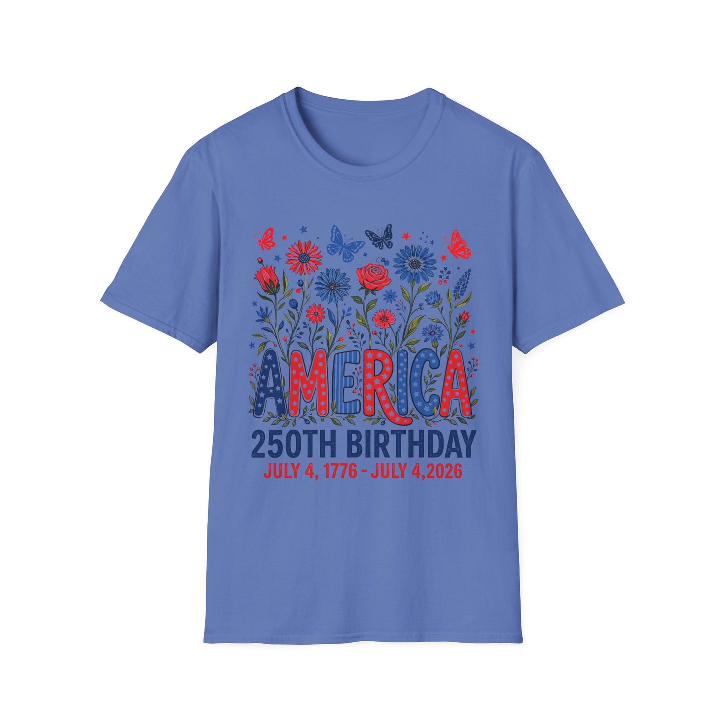 America 250th Birthday T-Shirt — Patriotic Floral Independence Day Tee