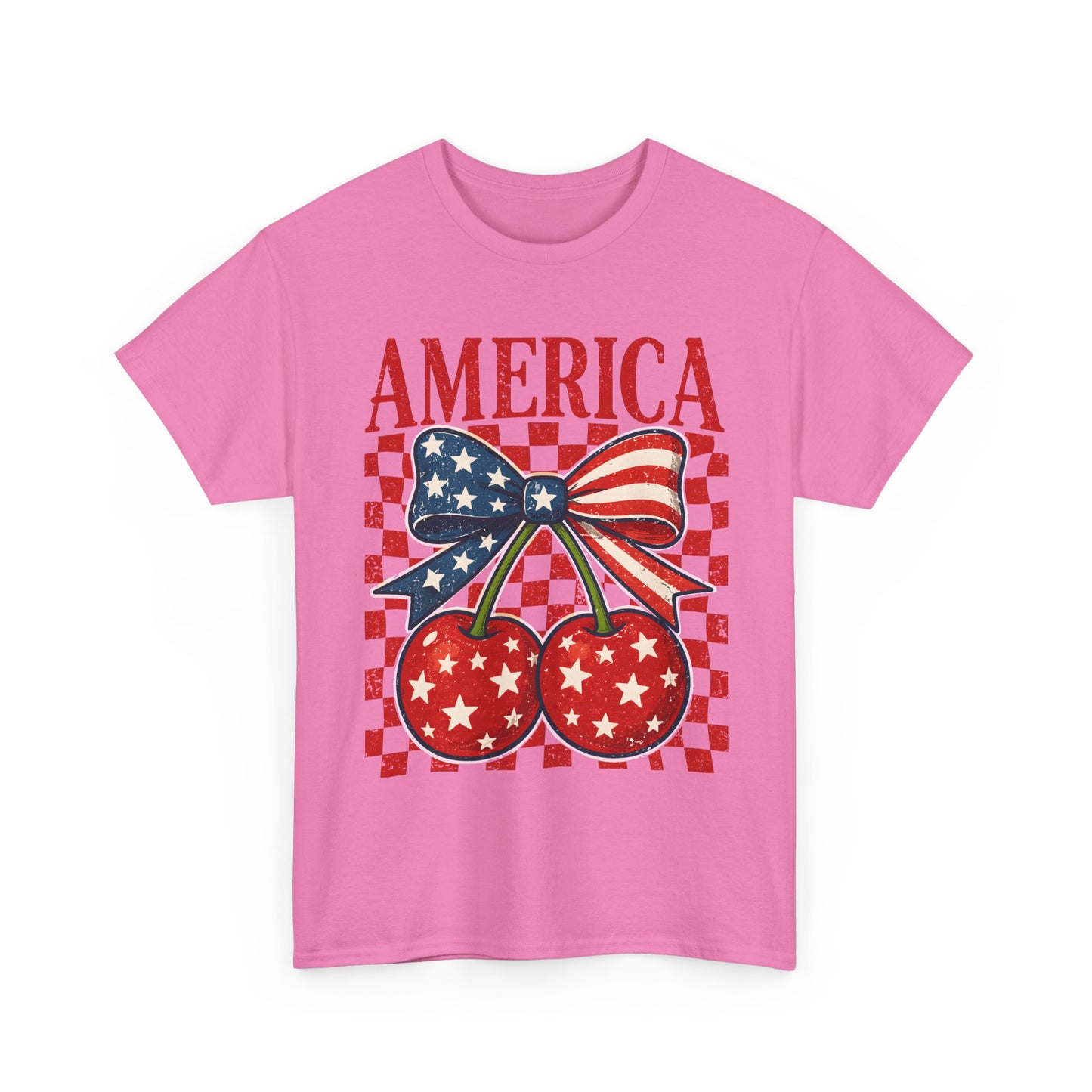 America Cherry T-Shirt — Patriotic USA Flag Bow Graphic Tee for 4th of July