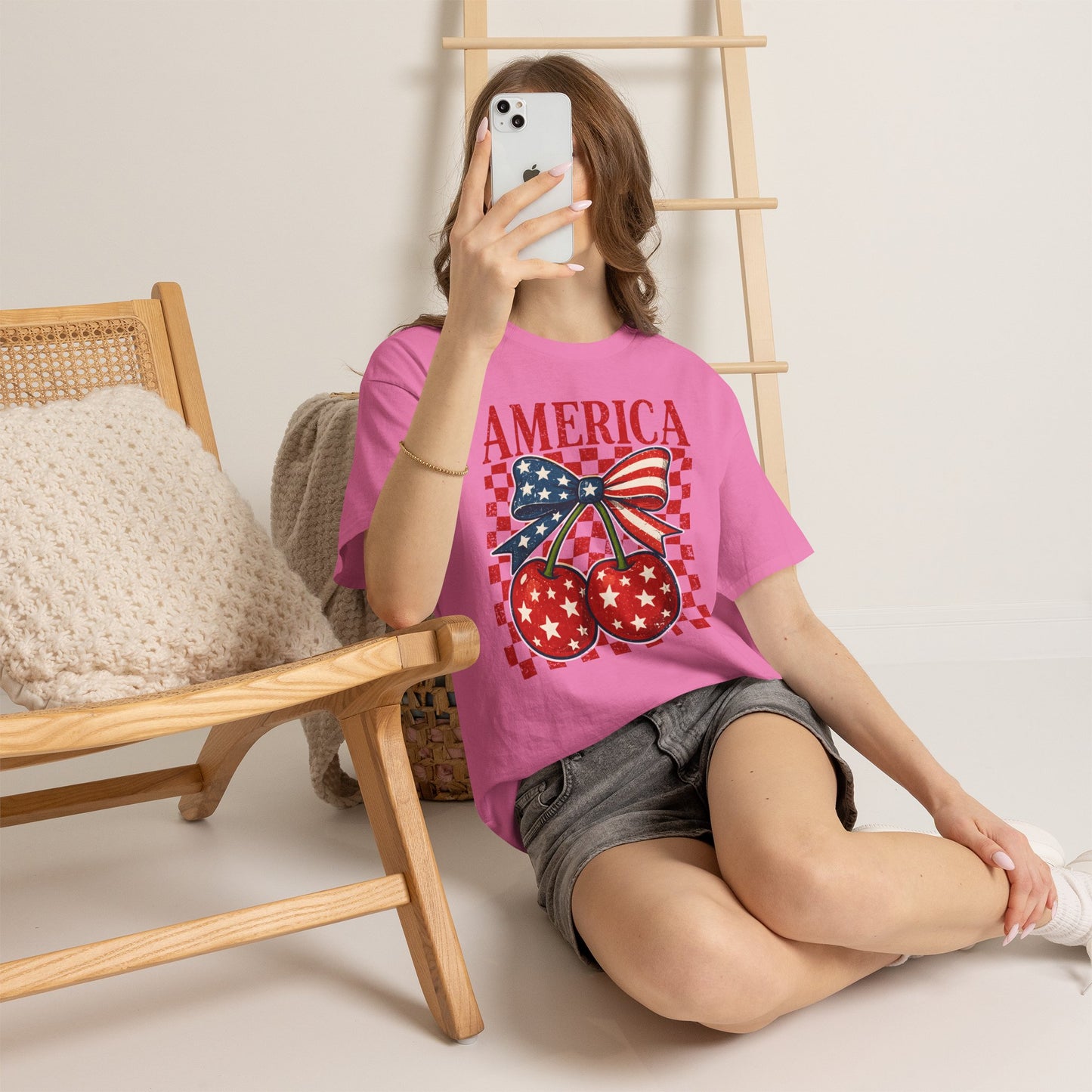 America Cherry T-Shirt — Patriotic USA Flag Bow Graphic Tee for 4th of July