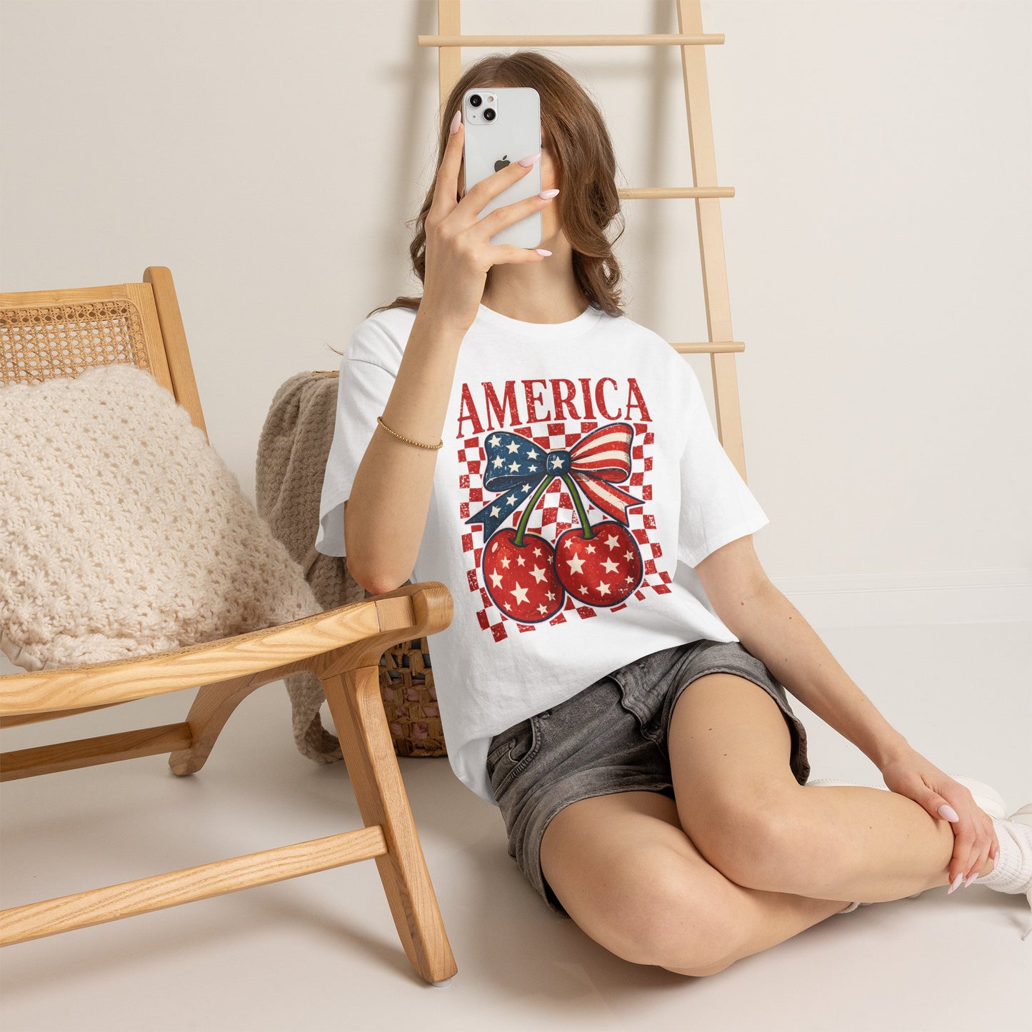 America Cherry T-Shirt — Patriotic USA Flag Bow Graphic Tee for 4th of July