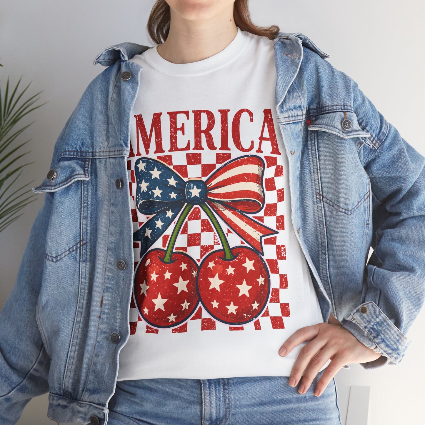 America Cherry T-Shirt — Patriotic USA Flag Bow Graphic Tee for 4th of July