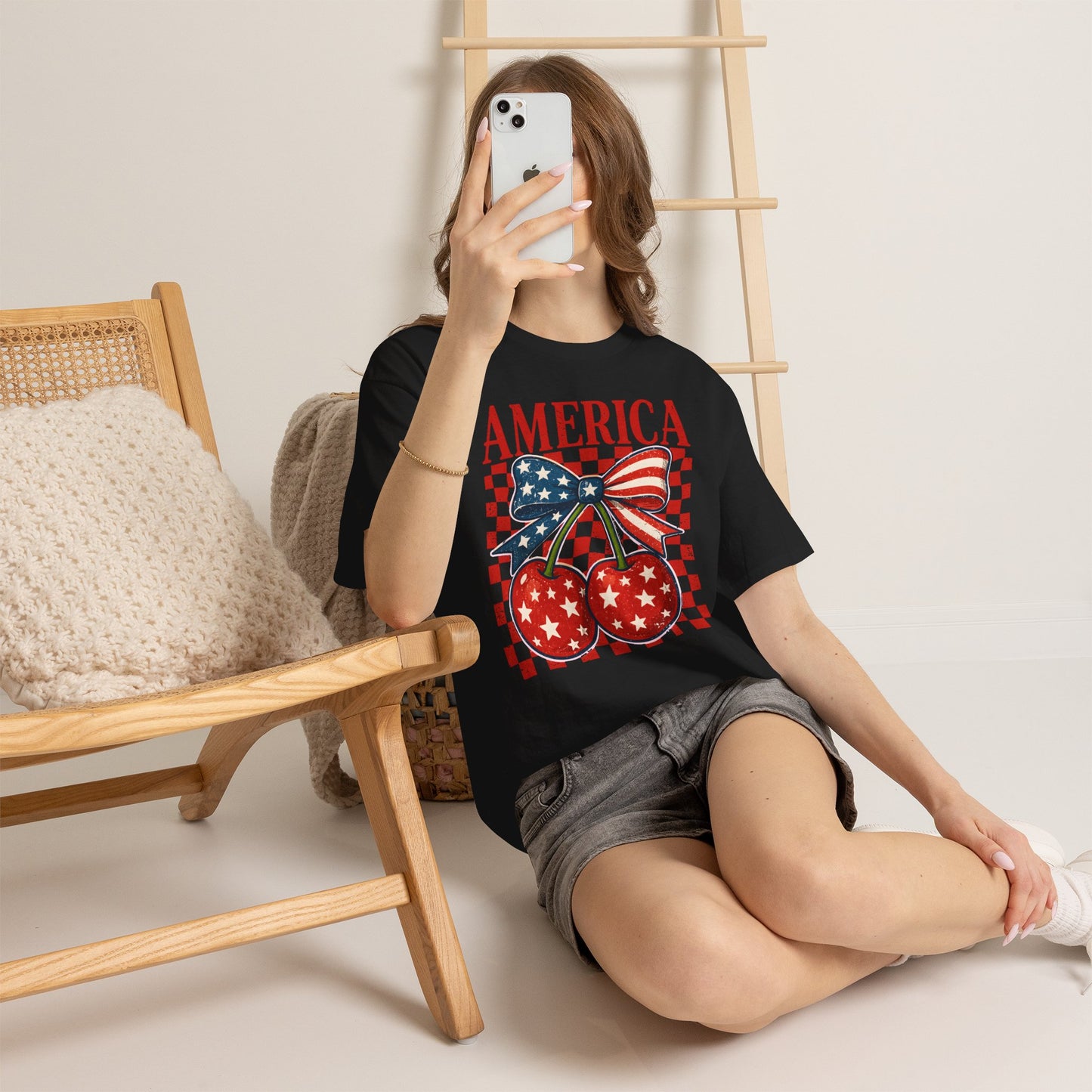 America Cherry T-Shirt — Patriotic USA Flag Bow Graphic Tee for 4th of July