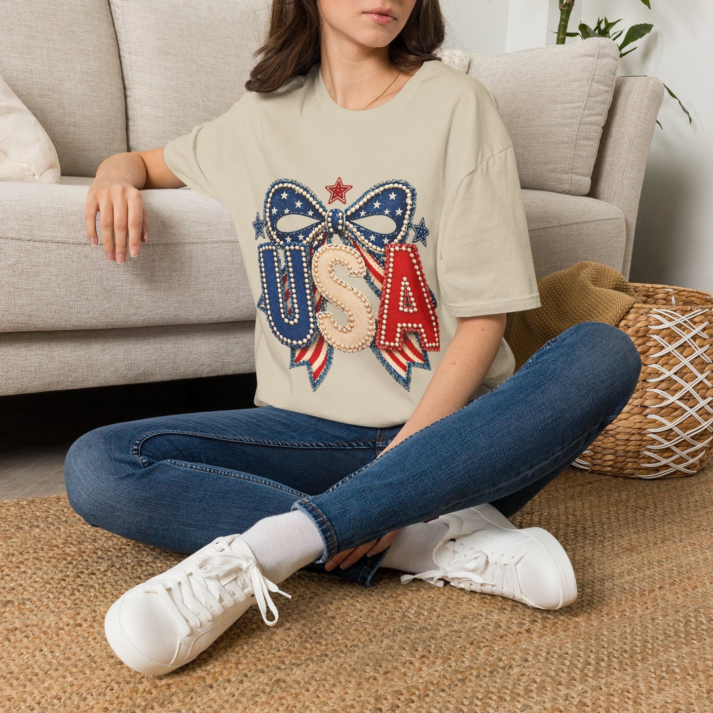 USA Patriotic T-Shirt — Sparkling Stars & Bow Fourth of July Tee
