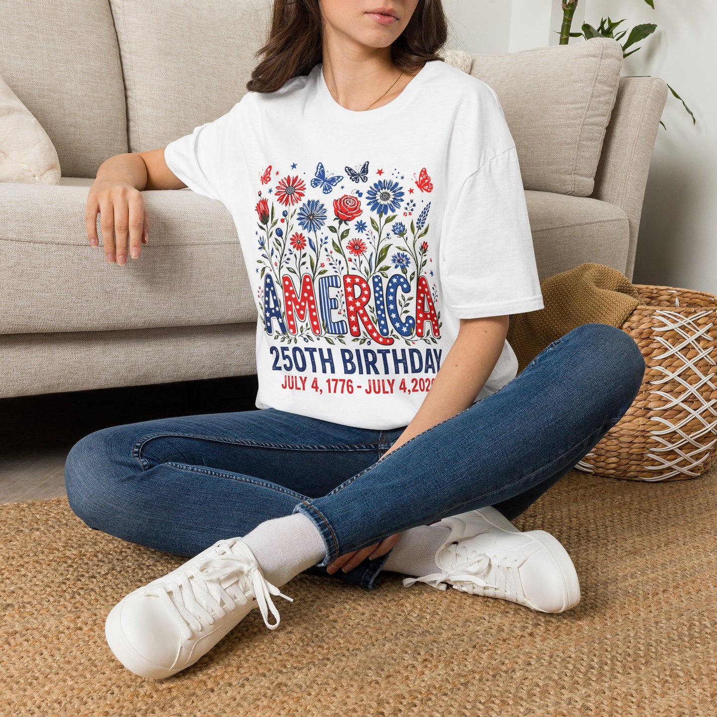 America 250th Birthday T-Shirt — Patriotic Floral Independence Day Tee