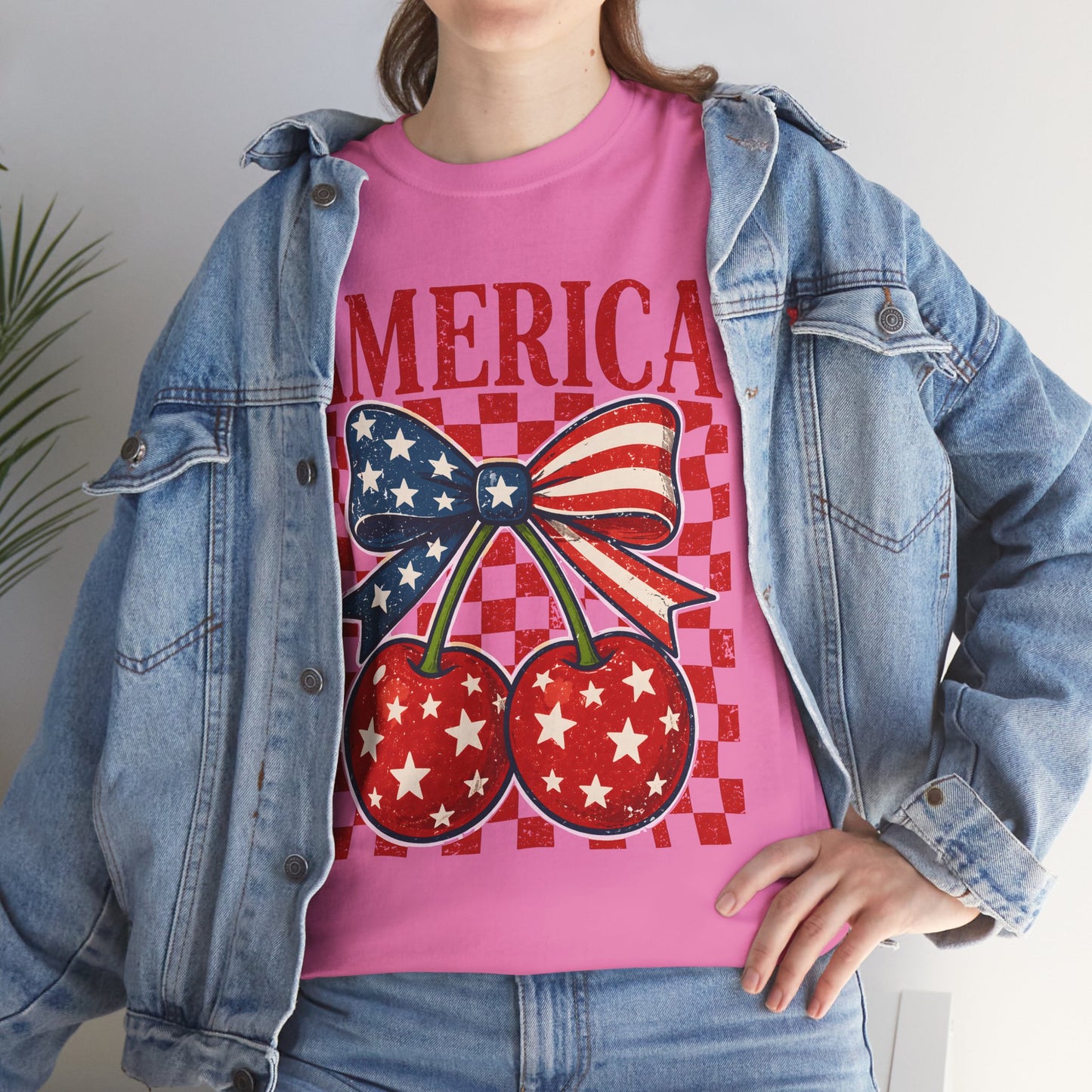 America Cherry T-Shirt — Patriotic USA Flag Bow Graphic Tee for 4th of July