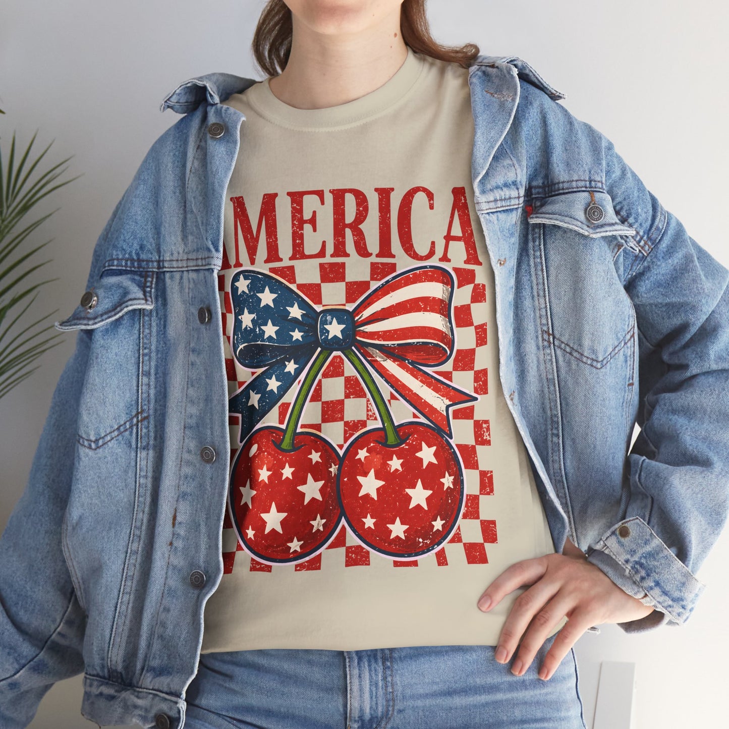 America Cherry T-Shirt — Patriotic USA Flag Bow Graphic Tee for 4th of July