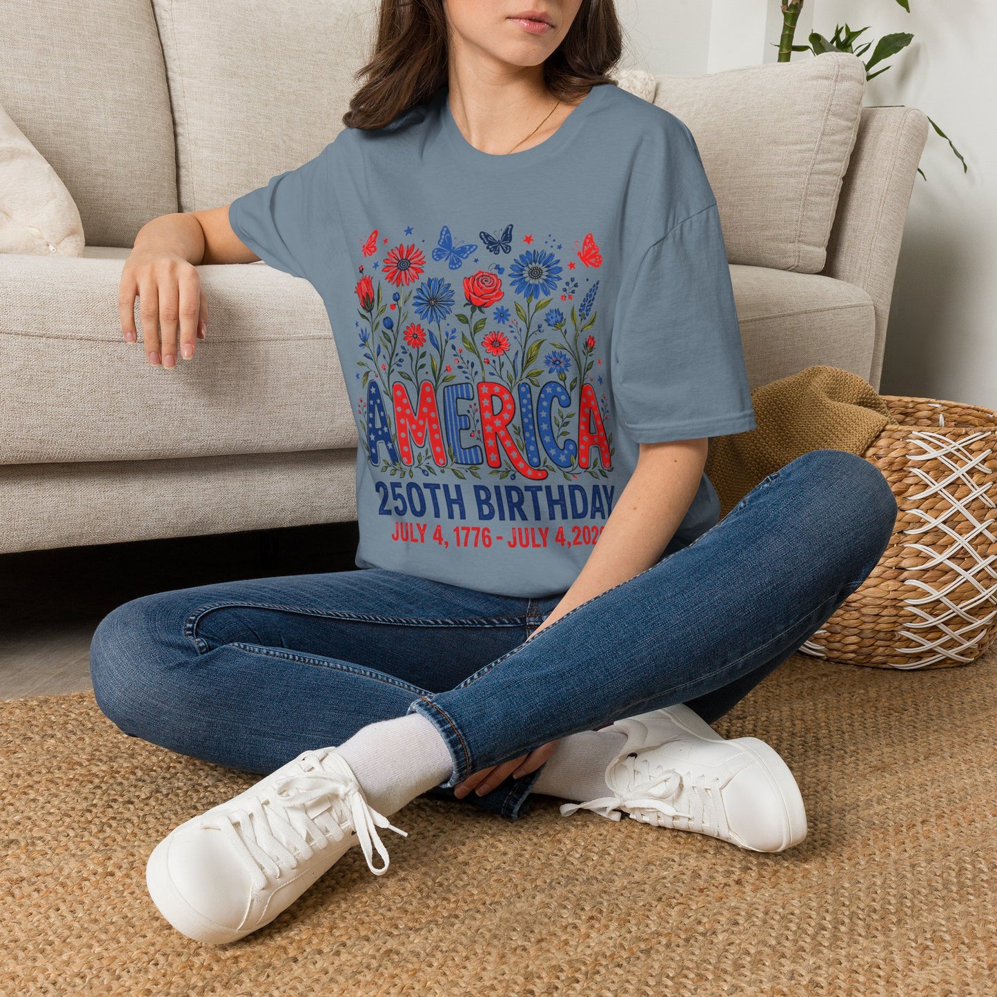 America 250th Birthday T-Shirt — Patriotic Floral Independence Day Tee