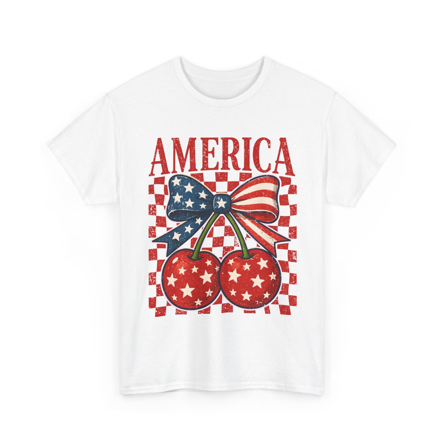 America Cherry T-Shirt — Patriotic USA Flag Bow Graphic Tee for 4th of July