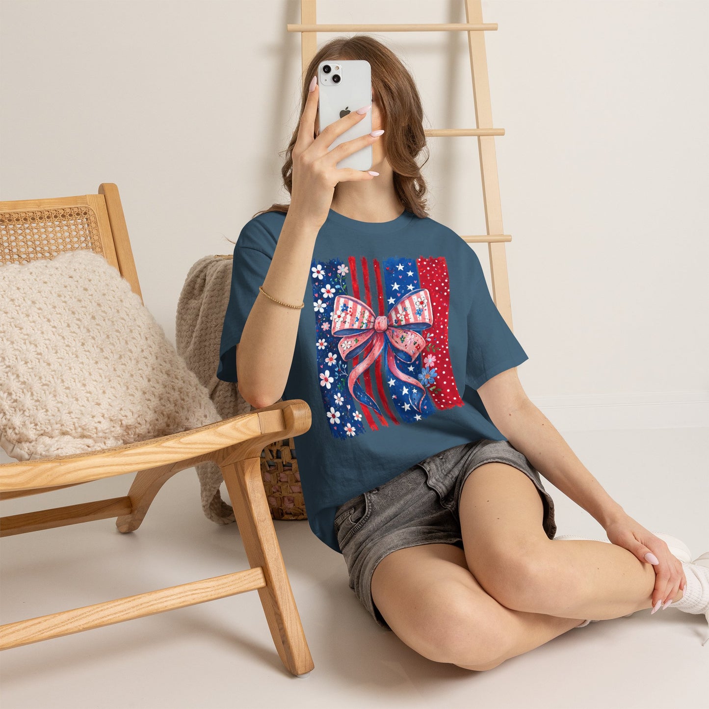Patriotic Bow T-Shirt — American Flag Ribbon Floral Fourth of July Tee