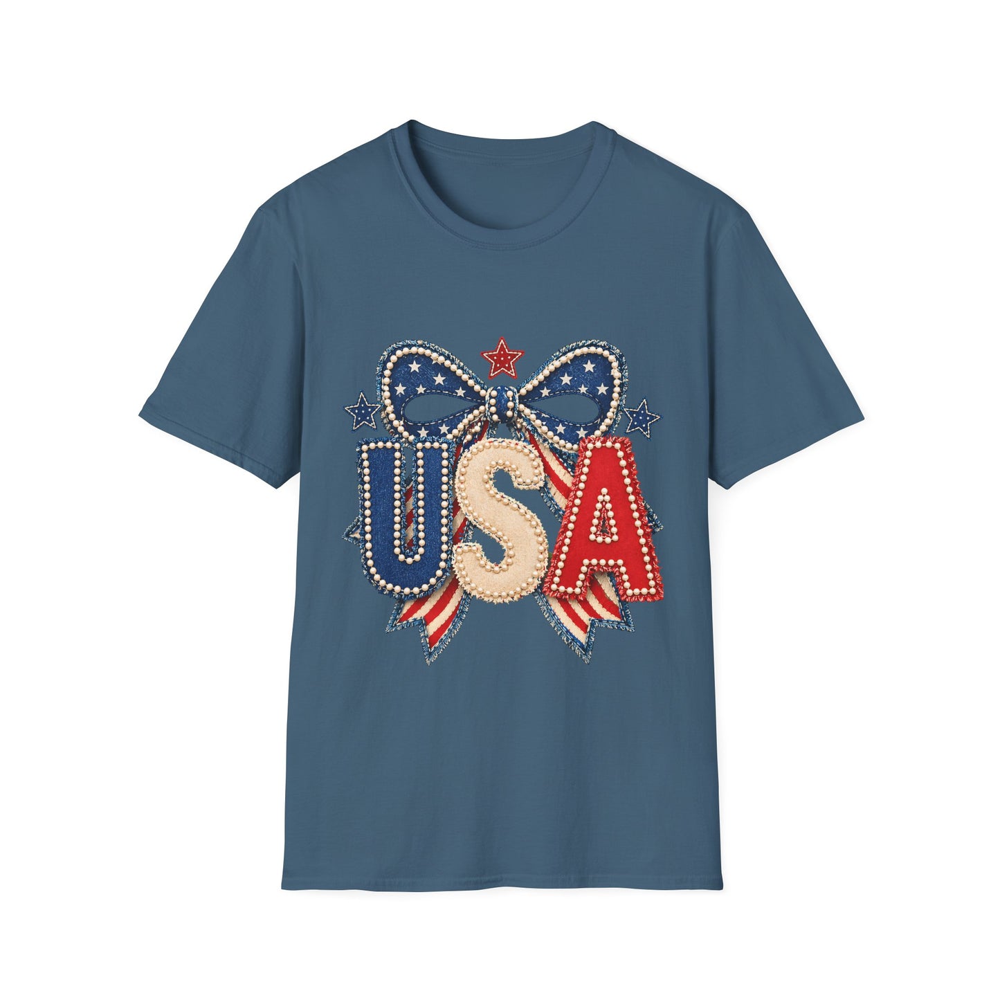 USA Patriotic T-Shirt — Sparkling Stars & Bow Fourth of July Tee