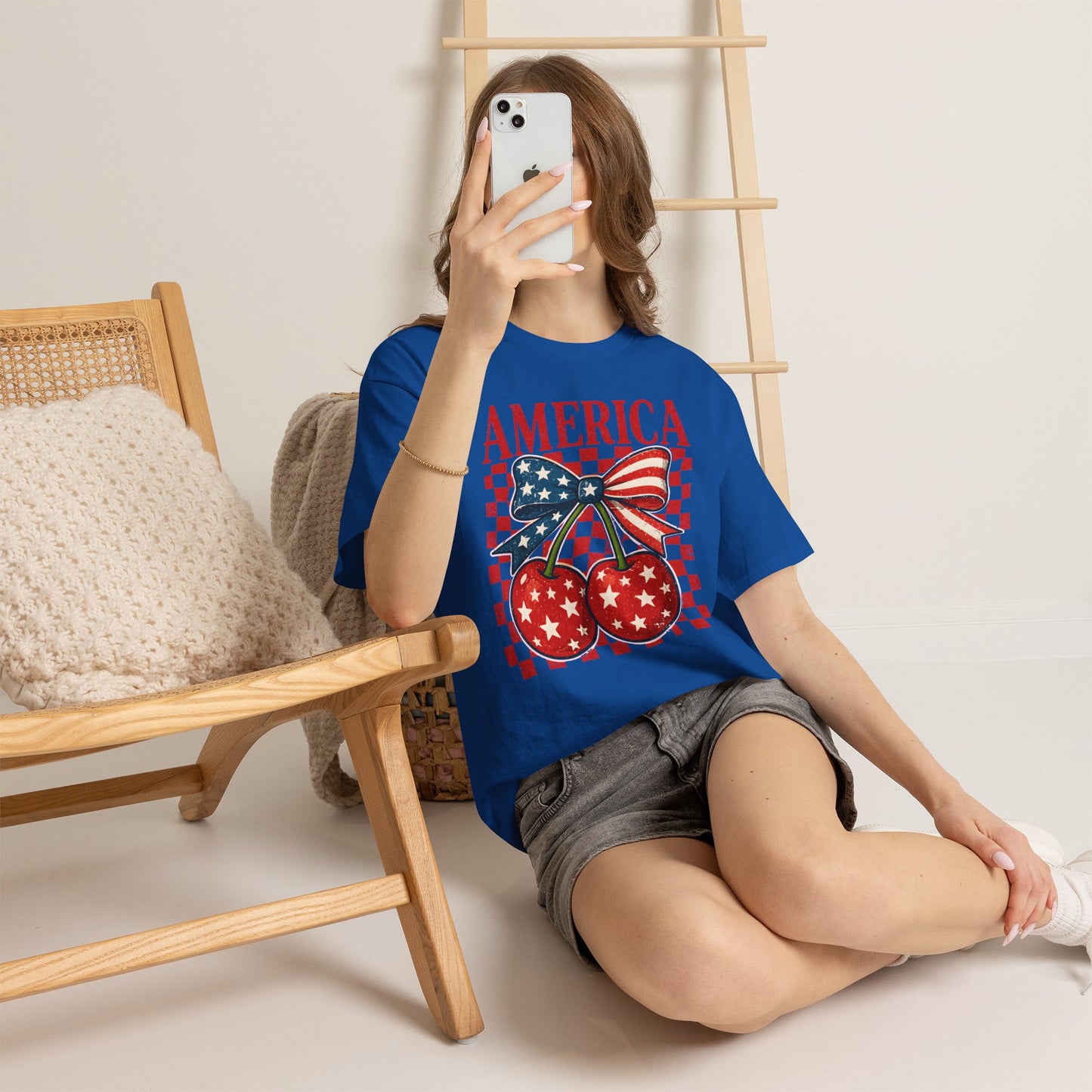 America Cherry T-Shirt — Patriotic USA Flag Bow Graphic Tee for 4th of July