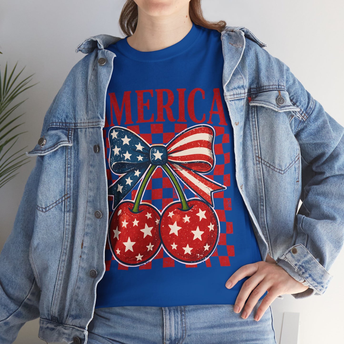 America Cherry T-Shirt — Patriotic USA Flag Bow Graphic Tee for 4th of July