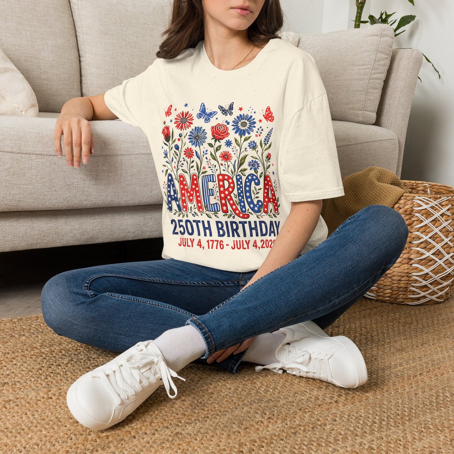 America 250th Birthday T-Shirt — Patriotic Floral Independence Day Tee