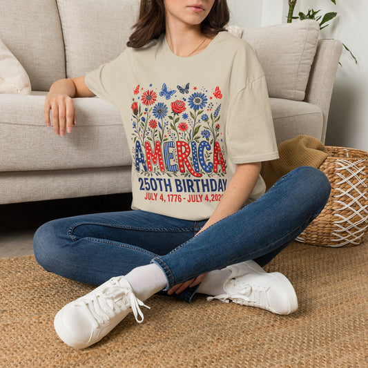 America 250th Birthday T-Shirt — Patriotic Floral Independence Day Tee