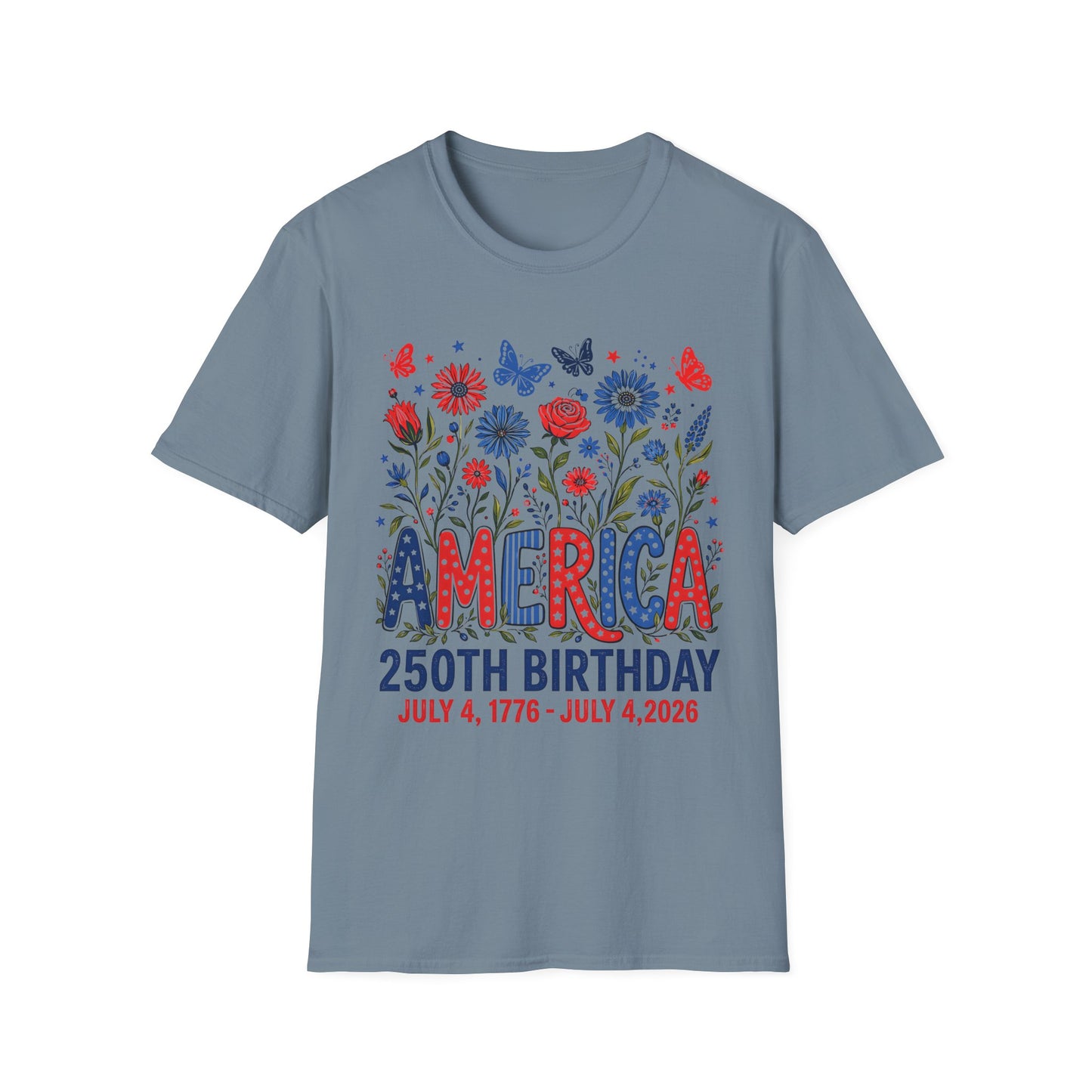 America 250th Birthday T-Shirt — Patriotic Floral Independence Day Tee