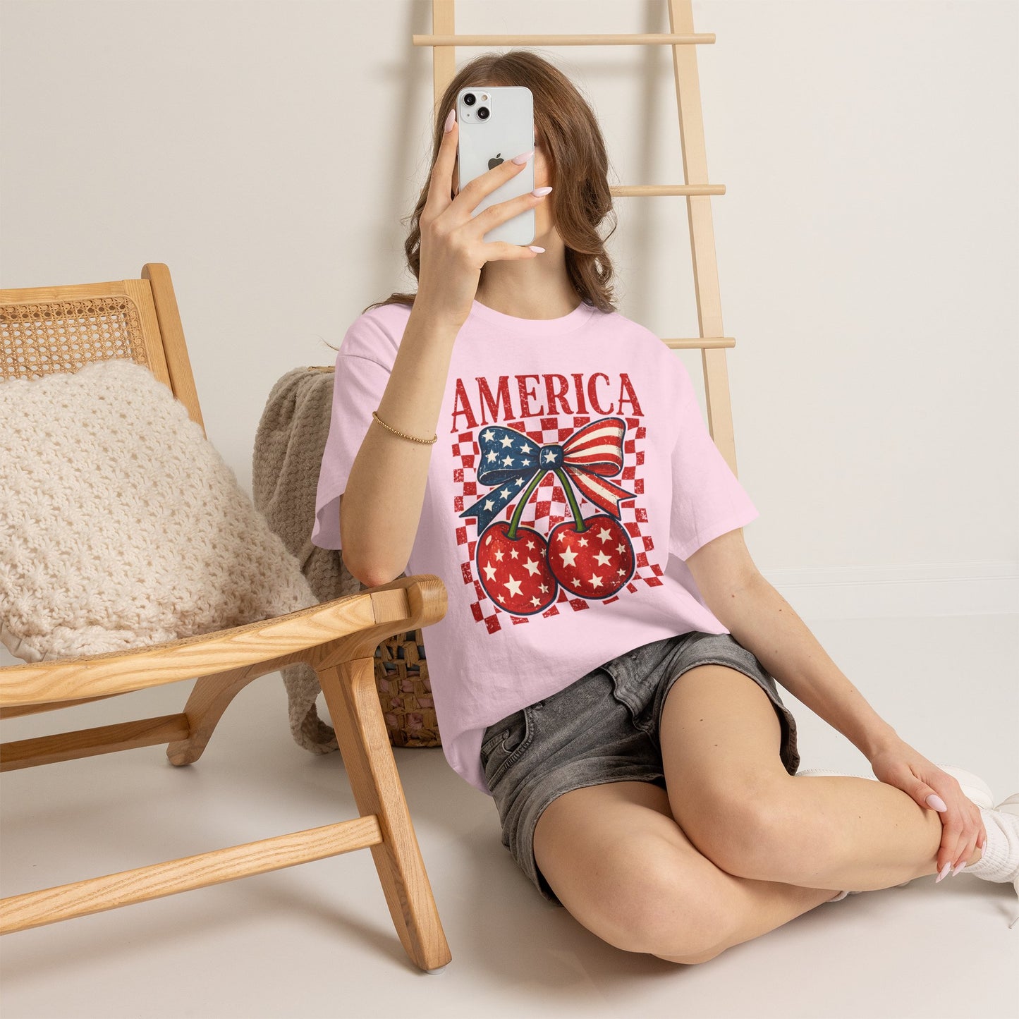 America Cherry T-Shirt — Patriotic USA Flag Bow Graphic Tee for 4th of July