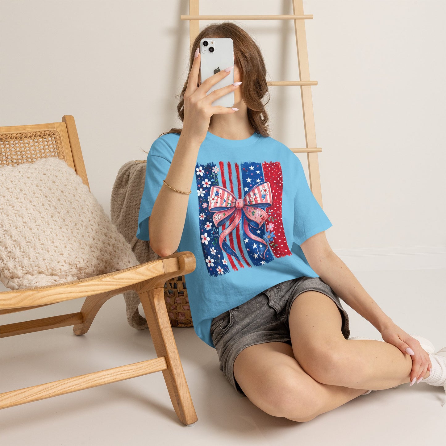 Patriotic Bow T-Shirt — American Flag Ribbon Floral Fourth of July Tee