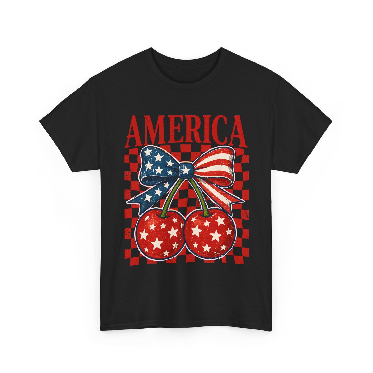 America Cherry T-Shirt — Patriotic USA Flag Bow Graphic Tee for 4th of July