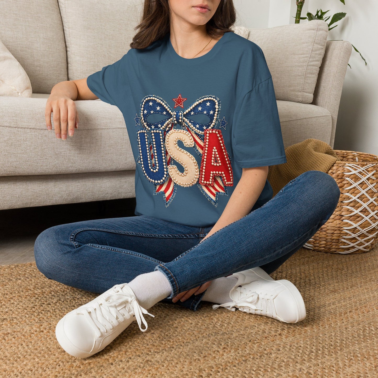 USA Patriotic T-Shirt — Sparkling Stars & Bow Fourth of July Tee