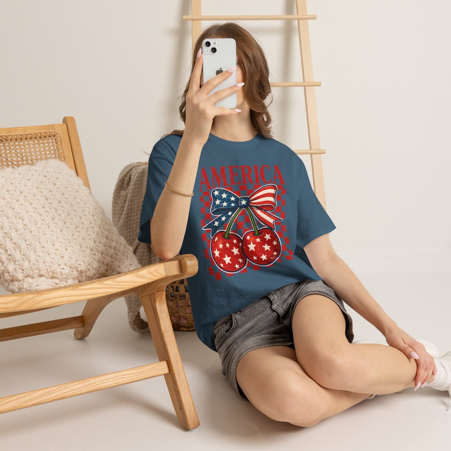 America Cherry T-Shirt — Patriotic USA Flag Bow Graphic Tee for 4th of July
