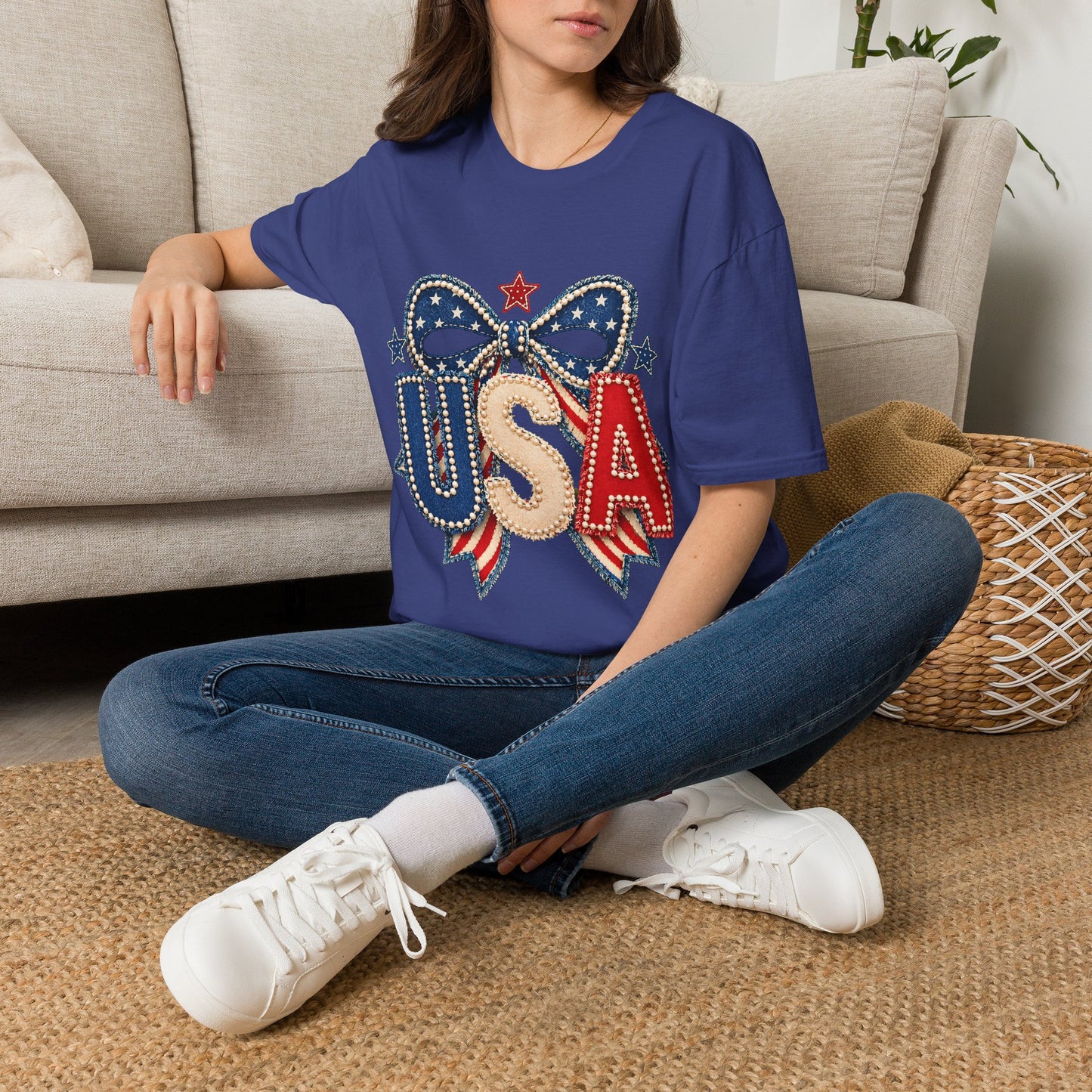 USA Patriotic T-Shirt — Sparkling Stars & Bow Fourth of July Tee