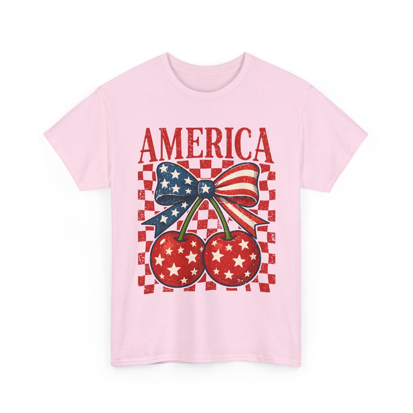 America Cherry T-Shirt — Patriotic USA Flag Bow Graphic Tee for 4th of July