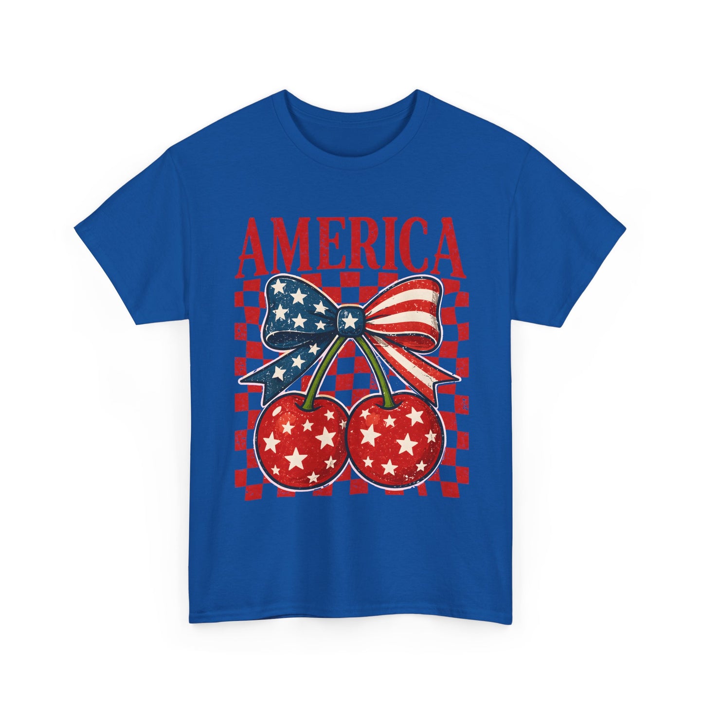 America Cherry T-Shirt — Patriotic USA Flag Bow Graphic Tee for 4th of July