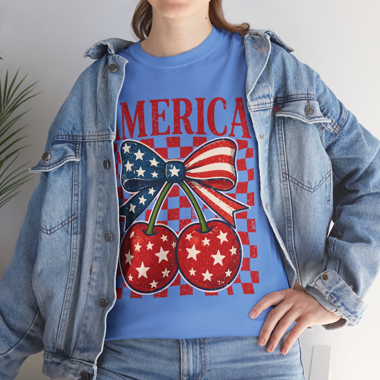 America Cherry T-Shirt — Patriotic USA Flag Bow Graphic Tee for 4th of July
