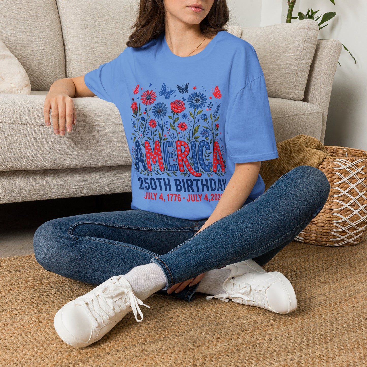 America 250th Birthday T-Shirt — Patriotic Floral Independence Day Tee