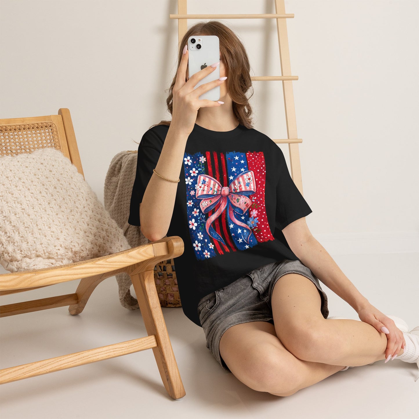 Patriotic Bow T-Shirt — American Flag Ribbon Floral Fourth of July Tee