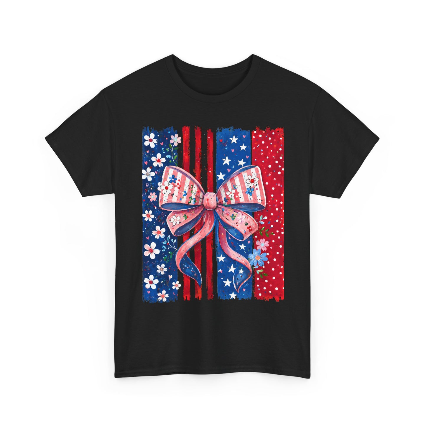 Patriotic Bow T-Shirt — American Flag Ribbon Floral Fourth of July Tee