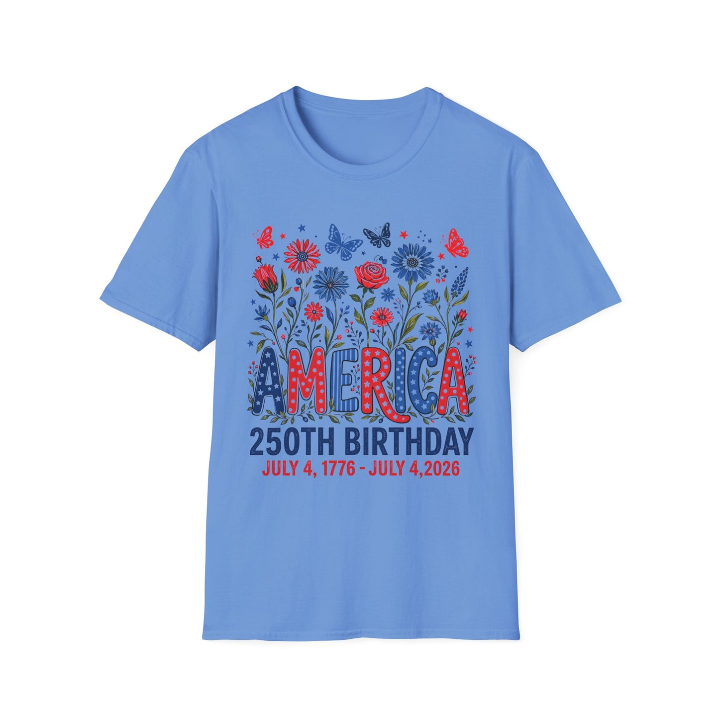 America 250th Birthday T-Shirt — Patriotic Floral Independence Day Tee