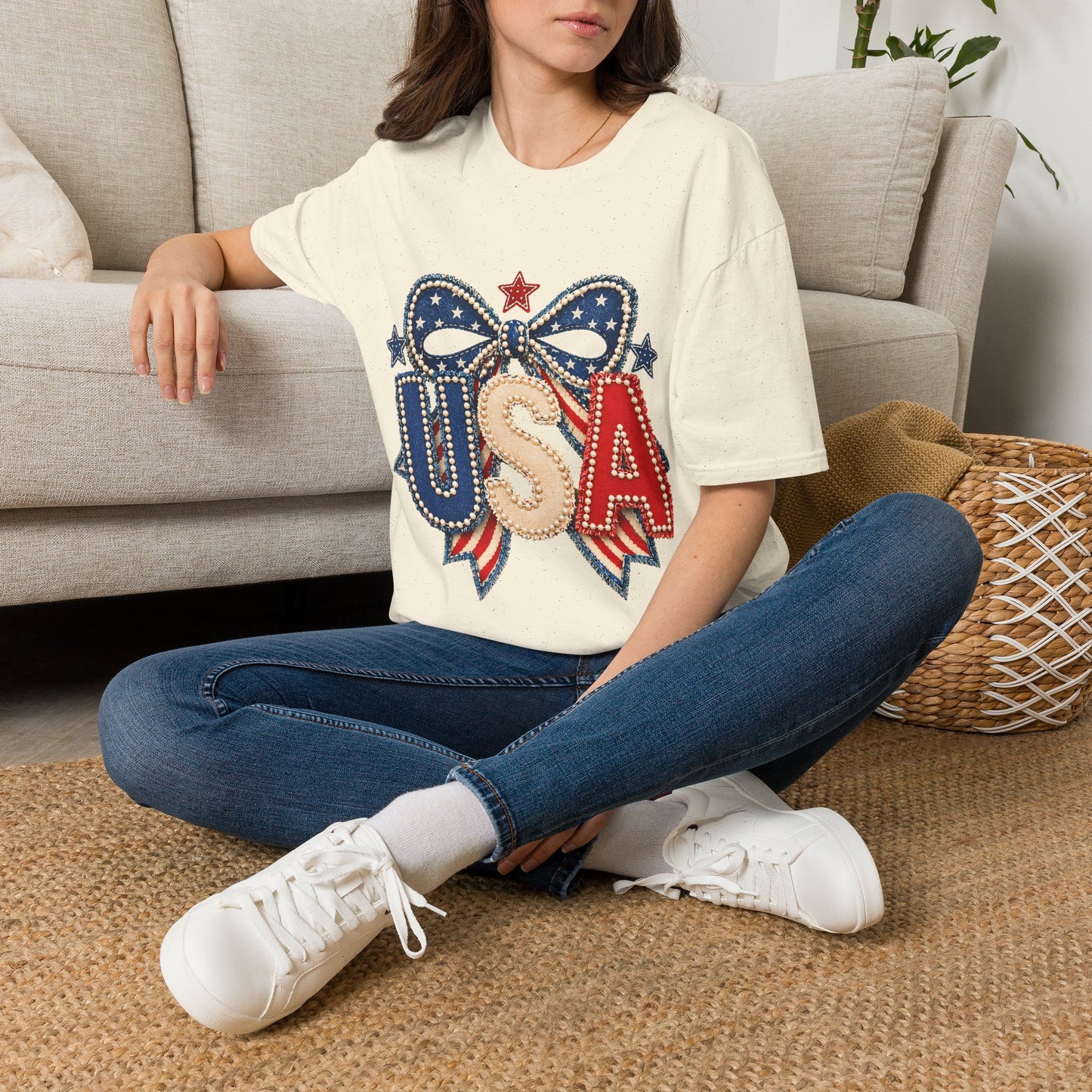 USA Patriotic T-Shirt — Sparkling Stars & Bow Fourth of July Tee