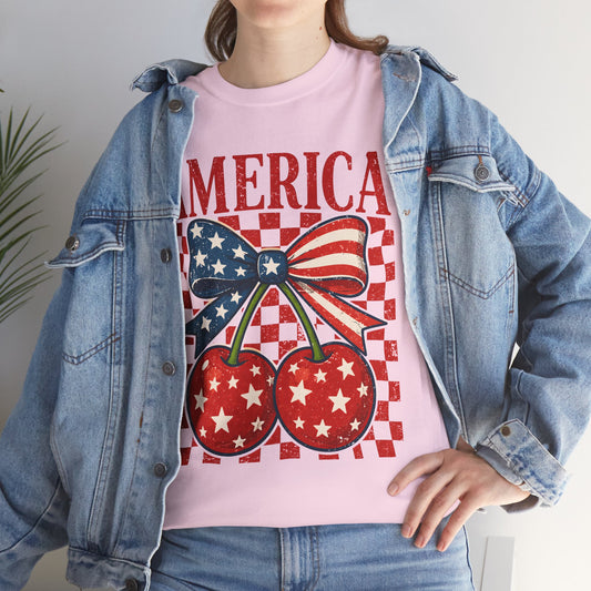 America Cherry T-Shirt — Patriotic USA Flag Bow Graphic Tee for 4th of July