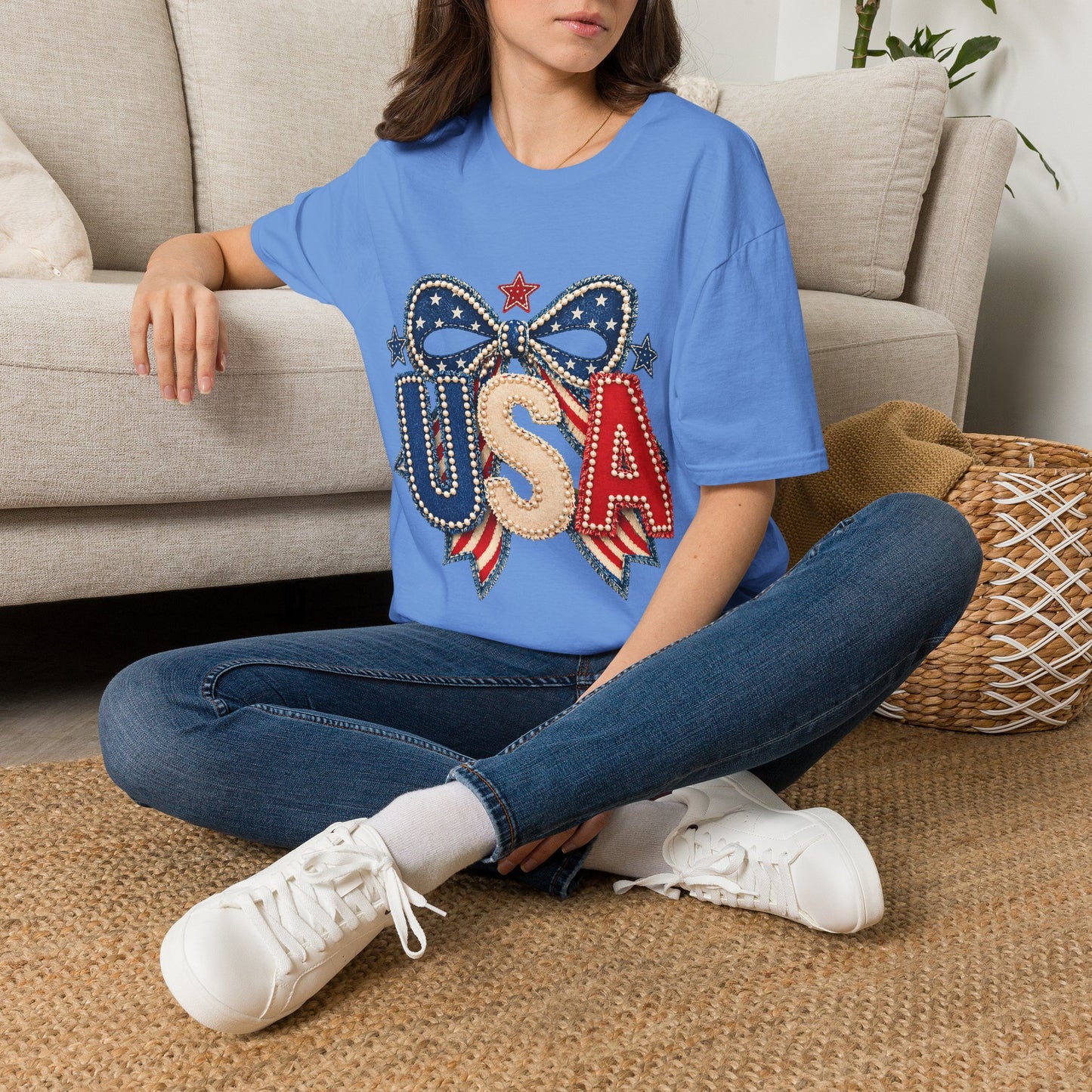 USA Patriotic T-Shirt — Sparkling Stars & Bow Fourth of July Tee