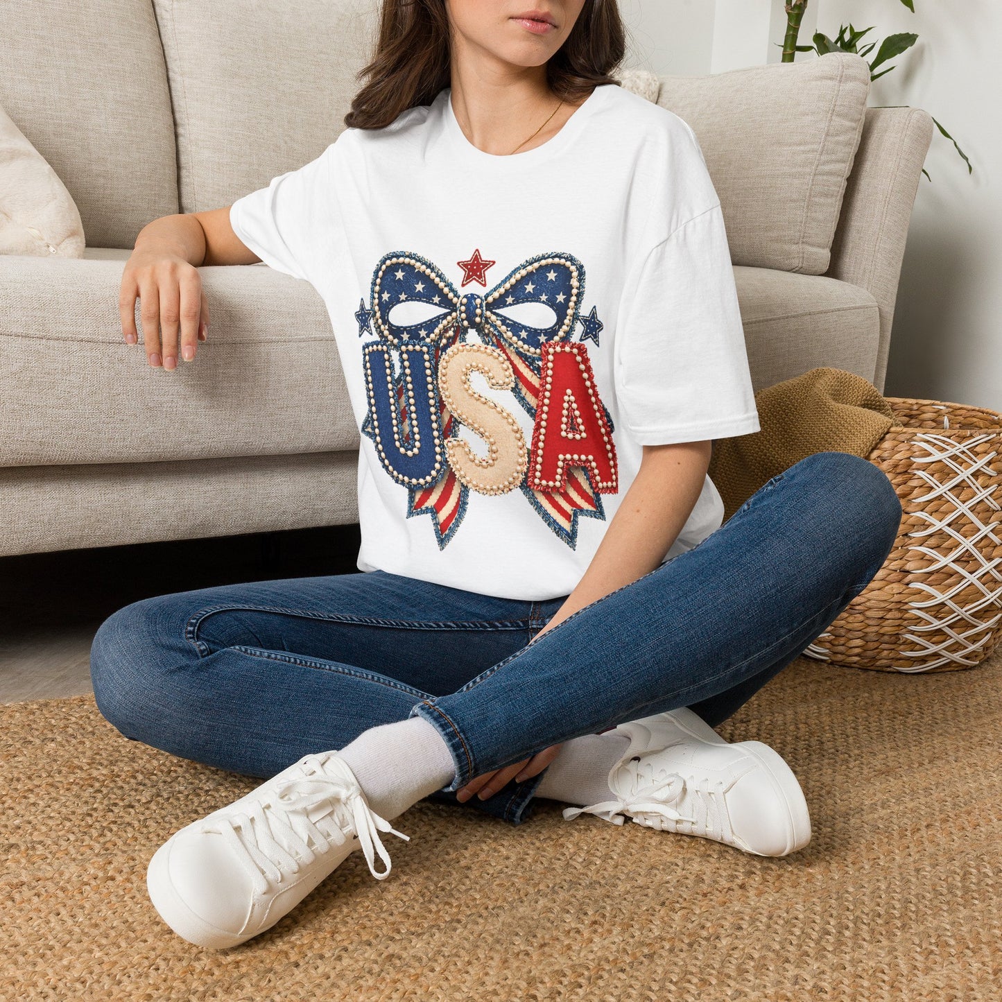 USA Patriotic T-Shirt — Sparkling Stars & Bow Fourth of July Tee