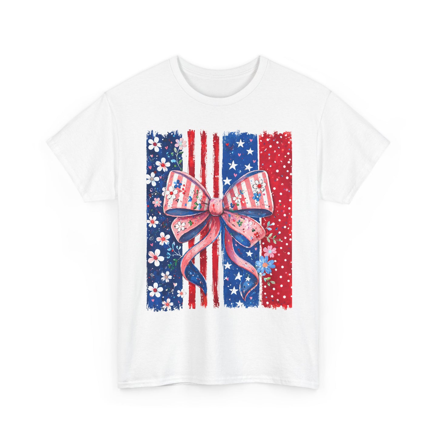 Patriotic Bow T-Shirt — American Flag Ribbon Floral Fourth of July Tee